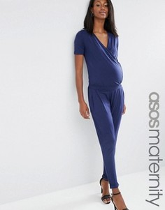 Комбинезон с запахом и короткими рукавами ASOS Maternity - Темно-синий