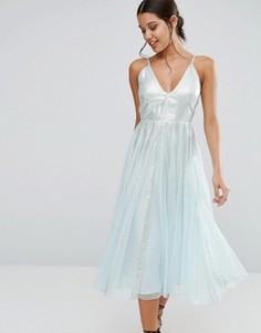 Приталенное платье миди со свободной юбкой и эффектом металлик ASOS - Зеленый