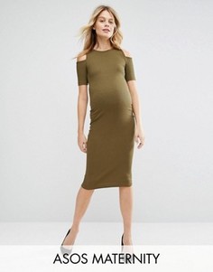 Облегающее платье в рубчик с открытыми плечами для беременных ASOS Maternity - Зеленый