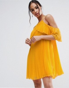 Плиссированное платье мини с открытыми плечами ASOS - Желтый