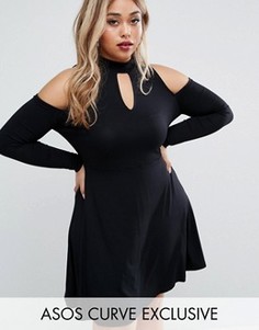 Приталенное платье с открытыми плечами и вырезом капелькой ASOS CURVE - Черный