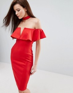 Платье-футляр с чокером, широким вырезом и оборкой Rare London - Красный