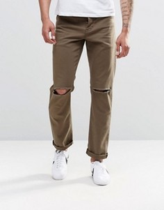 Узкие джинсы стретч цвета хаки с рваными коленками ASOS - Зеленый