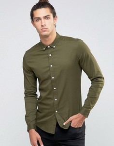Саржевая рубашка скинни цвета хаки ASOS - Зеленый