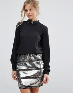 Платье с высокой горловиной и отделкой пайетками на юбке Vila - Черный