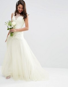 Платье макси с кружевным лифом и сетчатой юбкой ASOS BRIDAL - Белый