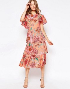 Пастельное платье миди с кейпом и цветочным принтом ASOS - Мульти