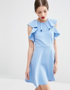 Короткое приталенное платье с оборками у горловины ASOS - Синий