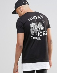 Супердлинная футболка с принтом на спине и вставкой по низу ASOS - Черный