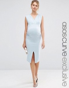 Облегающее платье миди с рюшами и разрезом ASOS Maternity - Синий