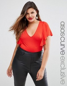 Боди с глубоким вырезом и рукавом-бабочкой ASOS CURVE - Красный