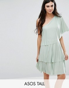 Многоярусное платье мини на одно плечо со складками ASOS TALL - Зеленый