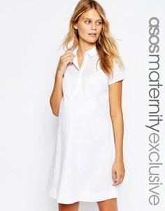 Белое хлопоковое платье-рубашка для беременных с вышивкой ASOS Maternity - Белый
