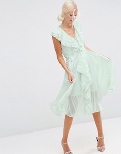 Платье миди в полоску с рюшами и молнией спереди ASOS - Зеленый