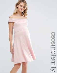 Короткое приталенное платье для беременных с открытыми плечами ASOS Maternity - Кремовый