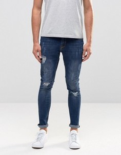 Окрашенные спреем рваные джинсы с нашивкой Hoxton Denim - Синий