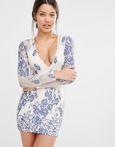 Облегающее платье с глубоким вырезом и длинными рукавами Missguided - Синий
