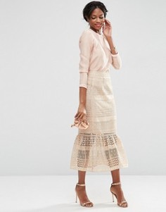 Кружевная юбка-карандаш миди с оборкой ASOS - Бежевый