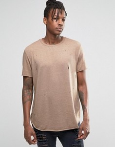 Бежевая удлиненная футболка с необработанным краем ASOS - Коричневый