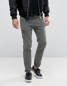 Серые эластичные джинсы слим с потертостями ASOS - Серый