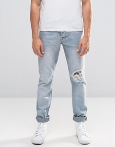 Узкие выбеленные джинсы с прорехами и необработанным поясом ASOS - Синий