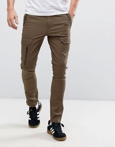 Супероблегающие брюки цвета хаки с карманами карго на молнии ASOS - Зеленый