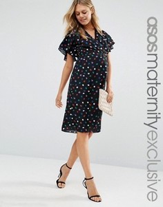 Чайное платье миди для беременных с узором в горошек и запахом ASOS Maternity - Мульти