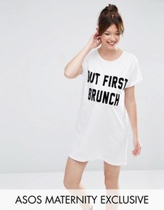 Пижамная футболка для беременных с принтом But First Brunch ASOS Maternity - Белый