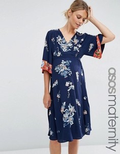 Платье миди для беременных с запахом в стиле кимоно и цветочной вышивкой ASOS Maternity - Мульти
