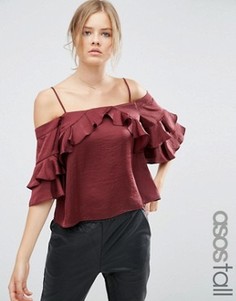 Атласный топ с открытыми плечами и оборками на рукавах ASOS TALL - Красный