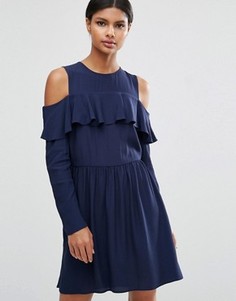 Платье мини с оборкой и вырезами на плечах ASOS - Темно-синий