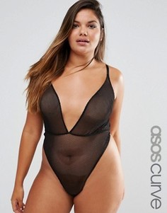 Сетчатое боди с высоким вырезом бедра ASOS CURVE Bambi - Черный
