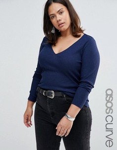 Облегающий меланжевый топ с V-образным вырезом ASOS CURVE - Темно-синий