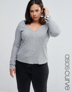 Облегающий меланжевый топ с V-образным вырезом ASOS CURVE - Серый