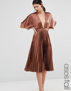 Плиссированное платье миди ASOS TALL - Коричневый