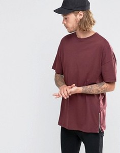 Бордовая длинная оversize-футболка с молниями по бокам ASOS - Красный