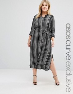 Платье-рубашка миди в черно-белую полоску с воротником на пуговицах ASOS CURVE - Мульти