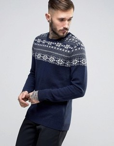 Джемпер из смешанной овечьей шерсти с узором Фэйр‑Айл на груди ASOS - Темно-синий
