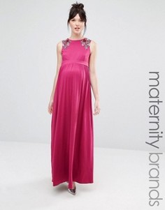 Платье макси без рукавов для беременных с цветочной отделкой на плечах Little Mistress Maternity - Розовый
