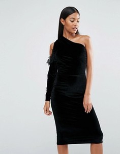Бархатное облегающее платье на одно плечо Boohoo - Черный