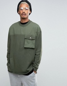 Длинный свитшот с тканой кокеткой, карманом и лентой ASOS - Зеленый