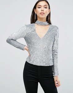 Топ с высоким воротом и пайетками ASOS NIGHT - Серебряный