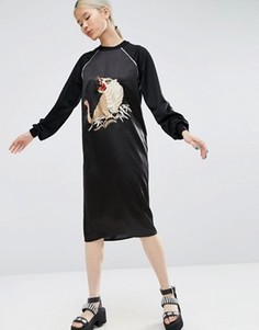 Платье с атласным передом и вышивкой тигра ASOS - Черный