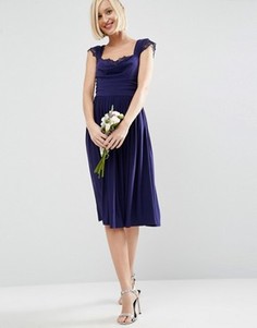 Платье миди с кружевной вставкой и драпировкой ASOS WEDDING - Темно-синий
