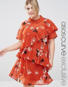 Чайное платье с воротником и оборкой ASOS CURVE - Мульти