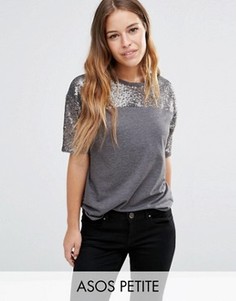 Свободная футболка с расшитой пайетками кокеткой ASOS PETITE - Серый