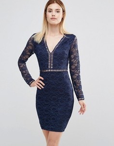 Платье мини с глубоким вырезом и кружевными рукавами AX Paris - Темно-синий