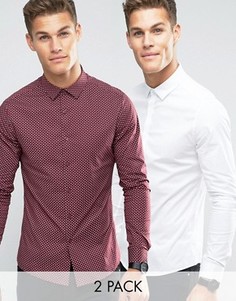 2 приталенных рубашки (белая, бордовая в горошек) ASOS - СКИДКА 16 - Мульти