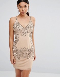 Облегающее платье с вырезом и отделкой бисером Boohoo Boutique - Бежевый