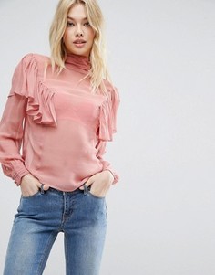 Полупрозрачная блузка с рюшами и высокой горловиной ASOS - Розовый